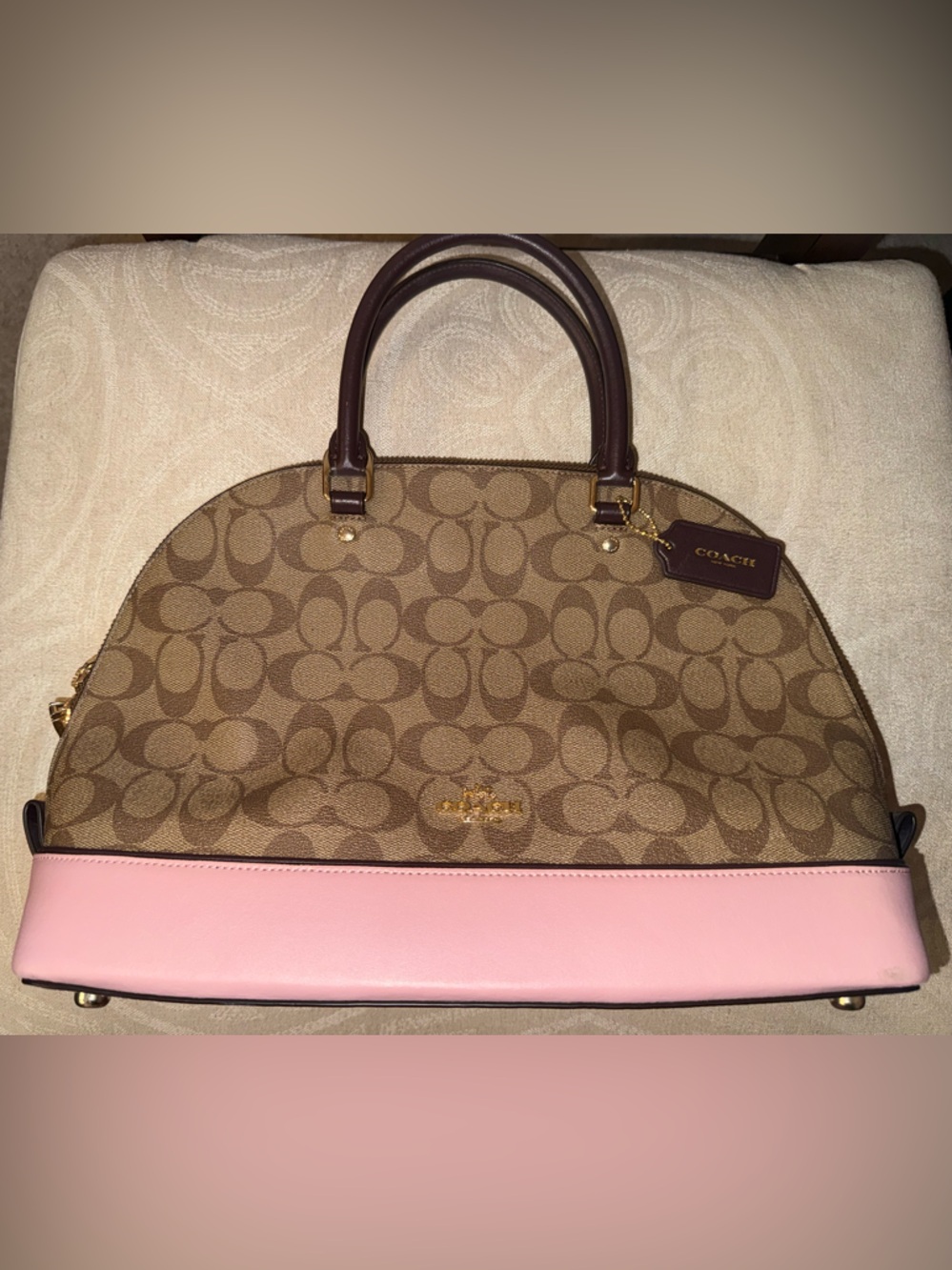 Coach Monogram Pink & Brown Satchel with crossbody strap